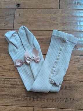 Petit Maison Kids Tan Light Pink Ribbed Kids Tights with Pink Satin Bows